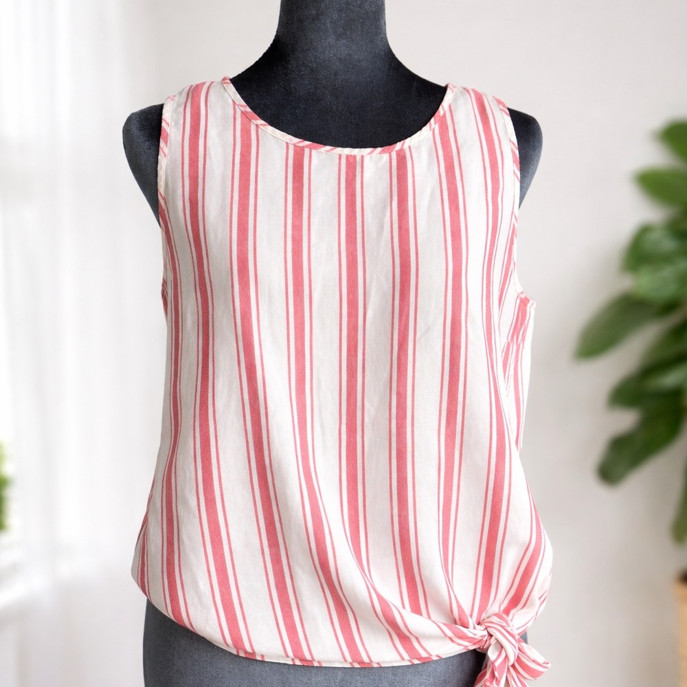 Madewell Striped Tie Front Tank Top Size M Pink White Cotton Sleeveless Summer